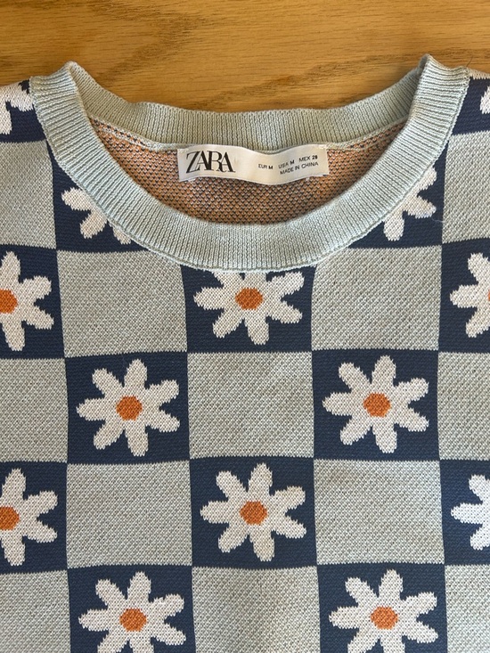 Zara Tops - Zara Checkerboard Daisy Knit Sweater vest in Light Blue, Navy & Orange